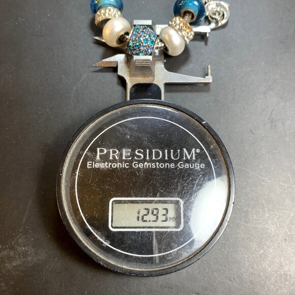 Silvertone Slide Charm Bracelet Blue Crystal Blue & White Slide Charm Adjustable - Picture 10 of 12